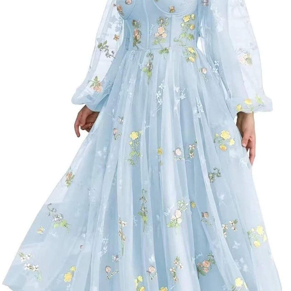 Sky  Blue Floral Embroidered Dress With Lace Sleeves